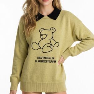 🛍️ Women’s Vintage 90s Teddy Bear Collared Knit Sweater Size LARGE